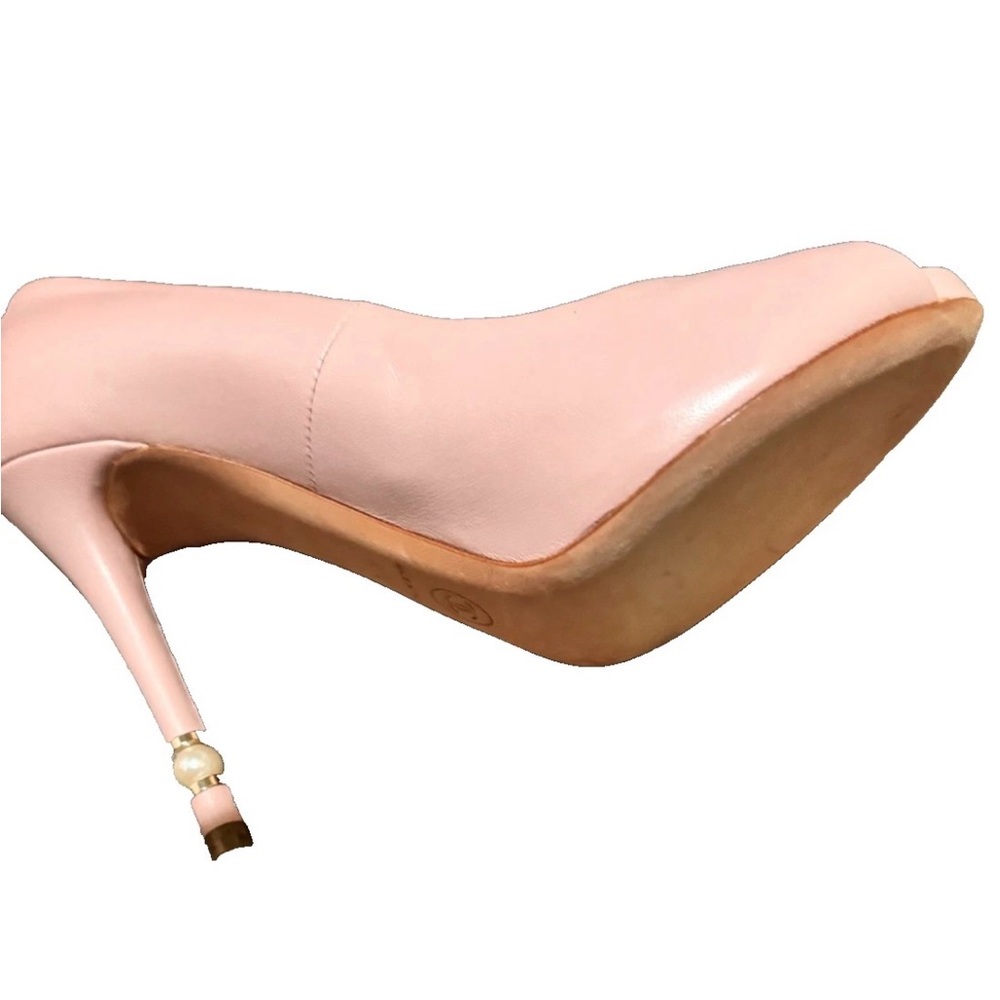 Chanel Pink Blush shoes Size 36.5 Leather CC Open Toe Pearl Heel Pumps - Picture 7 of 10